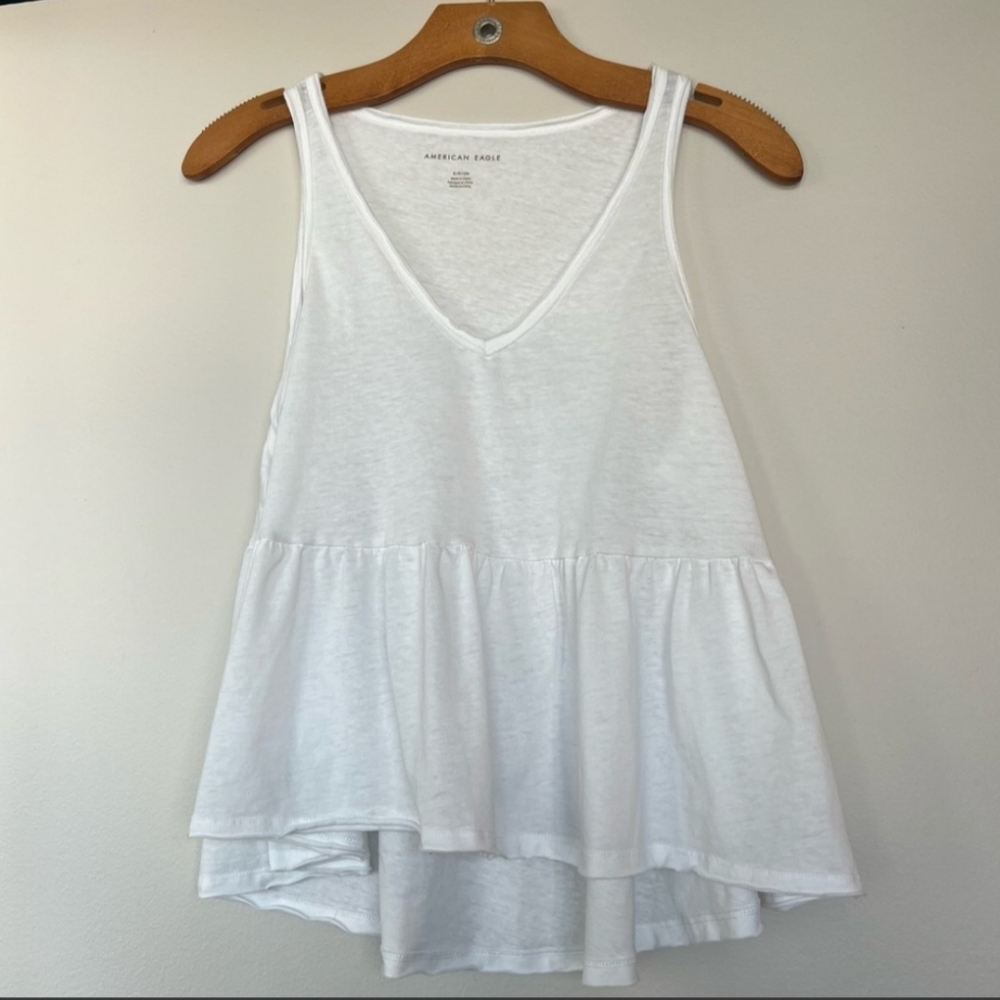 American Eagle Outfitters White V-Neck Ruffle Hem Tank Top